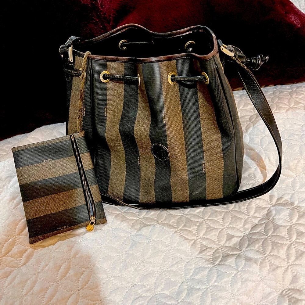 Authentic vintage Fendi bucket bag in brown black strips
